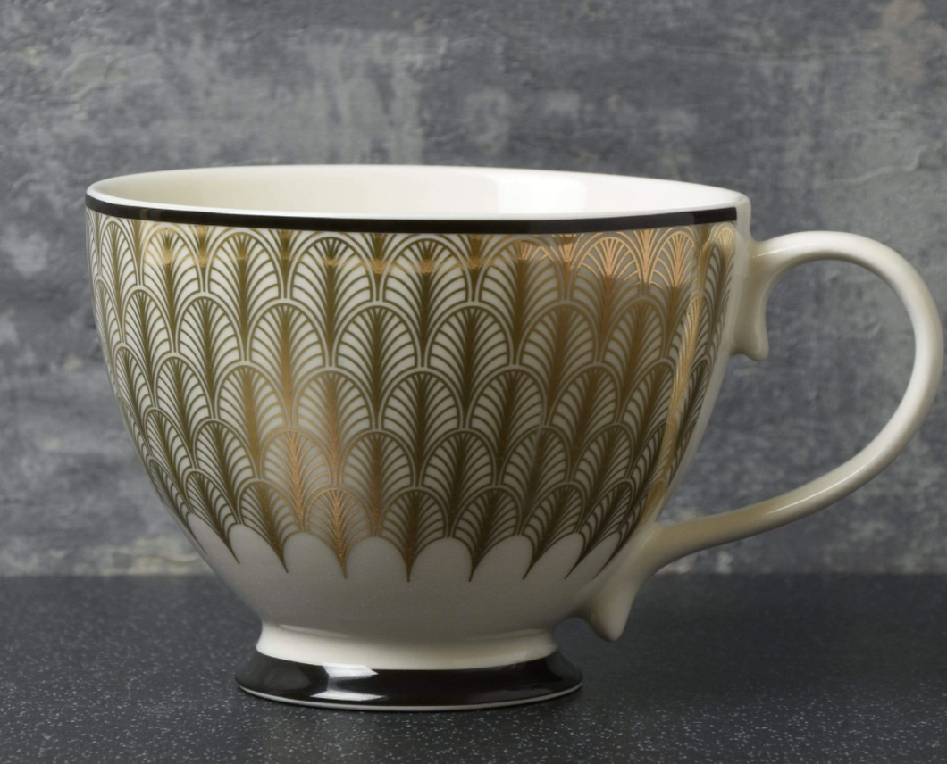 Art Deco Collection: Black and Gold Footed Mug with Feather Print